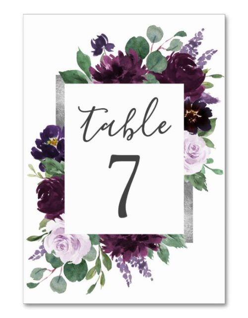 Purple Gray Silver Watercolor Peony Fall Wedding Table Number