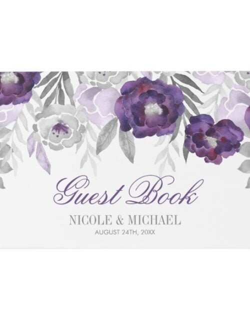 Purple Gray Watercolor Flowers Wedding Guest Book