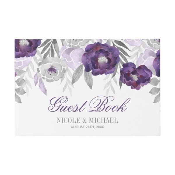 Purple Gray Watercolor Flowers Wedding Guest Book