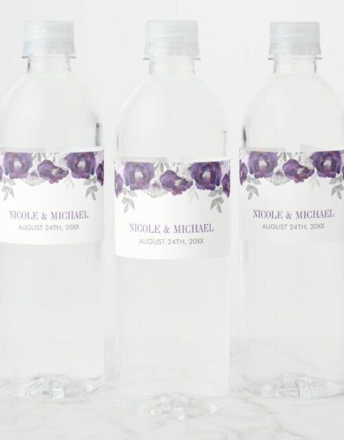 Purple Gray Watercolor Flowers Wedding Water Bottle Label