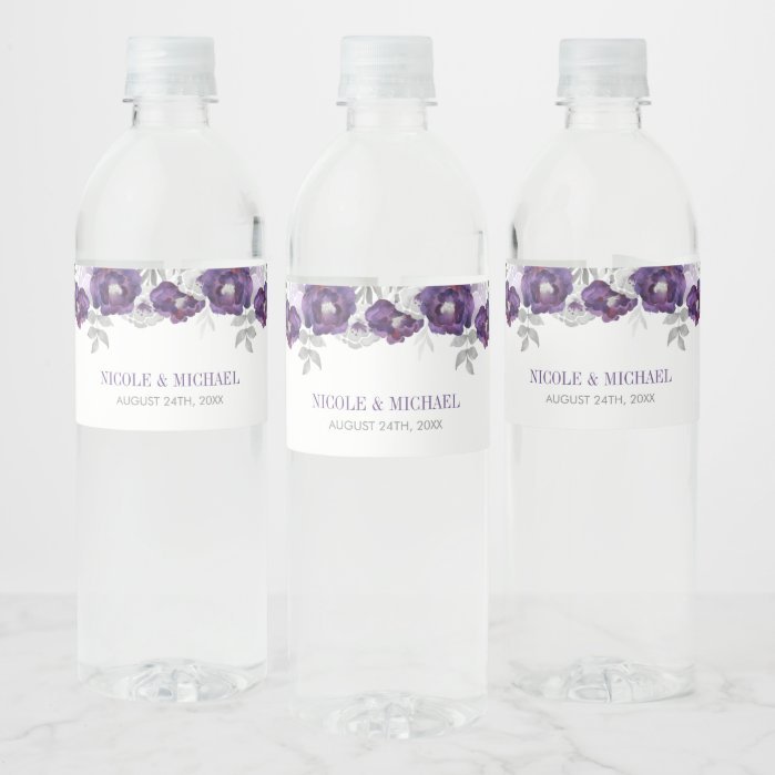 Purple Gray Watercolor Flowers Wedding Water Bottle Label