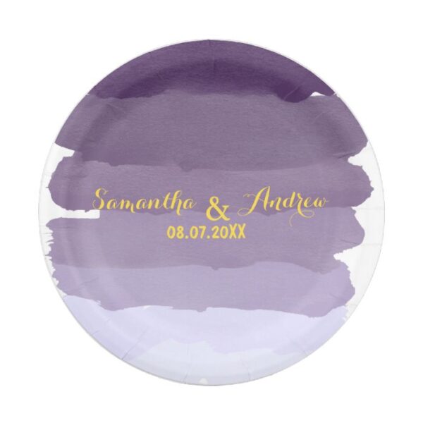 Purple lavender watercolor ombre stripes wedding paper plate