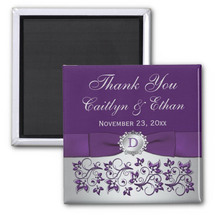 Purple, Silver Gray Floral Wedding Favor Magnet