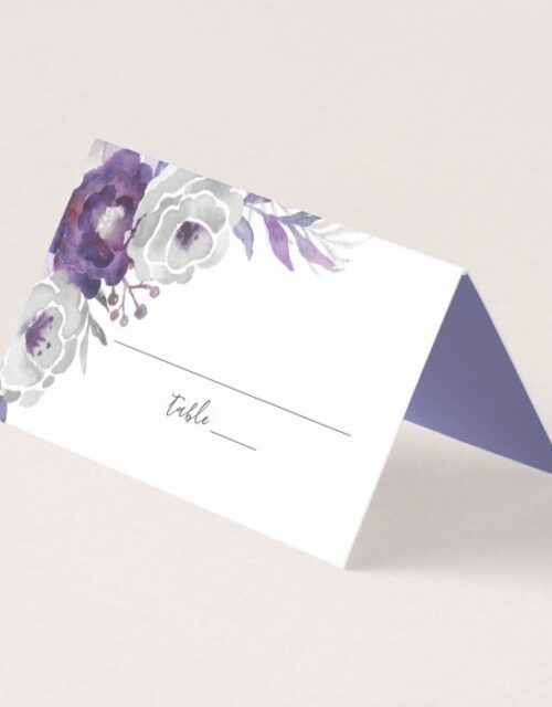 Purple Silver Watercolor Floral Wedding Reception Place Card