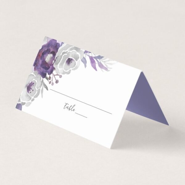 Purple Silver Watercolor Floral Wedding Reception Place Card
