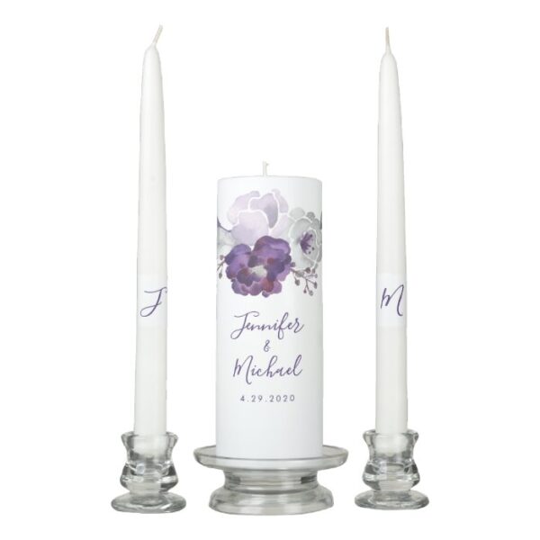 Purple & Silver Watercolor Floral Wedding Unity Candle Set
