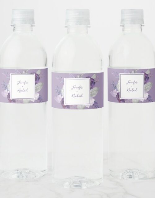 Purple & Silver Watercolor Floral Wedding Water Bottle Label