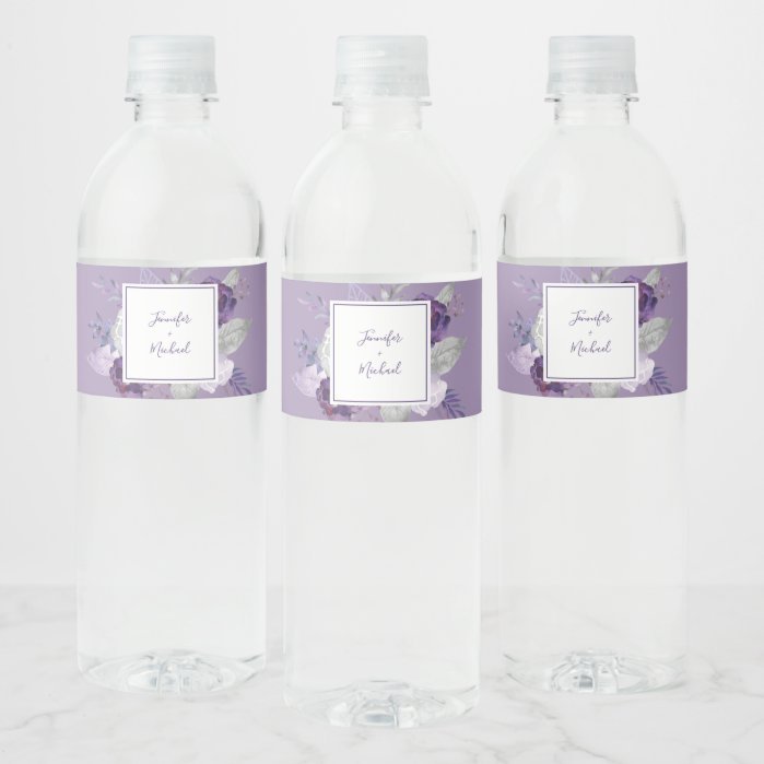 Purple & Silver Watercolor Floral Wedding Water Bottle Label