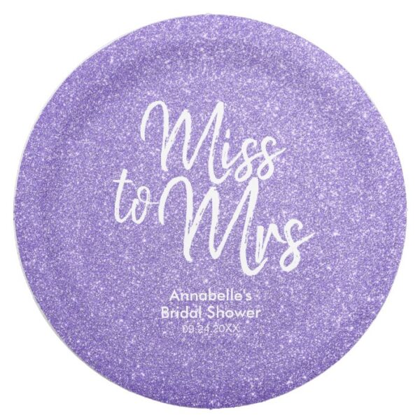 Purple Violet Glitter Miss to Mrs Bridal Shower Paper Plate