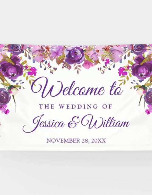 Purple Violet Watercolor Floral Wedding Banner