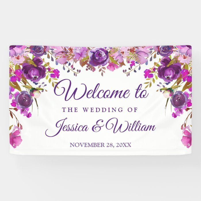 Purple Violet Watercolor Floral Wedding Banner