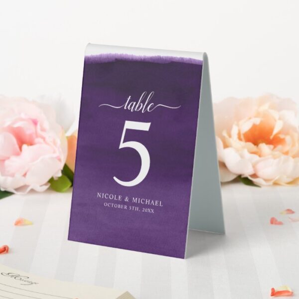 Purple Watercolor Wedding Number Table Tent Sign