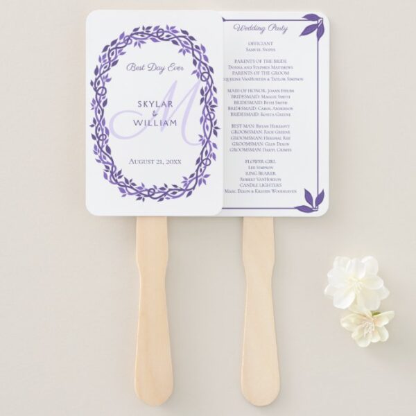 Purple Woodsy Wedding Monogram Best Day Ever Hand Fan