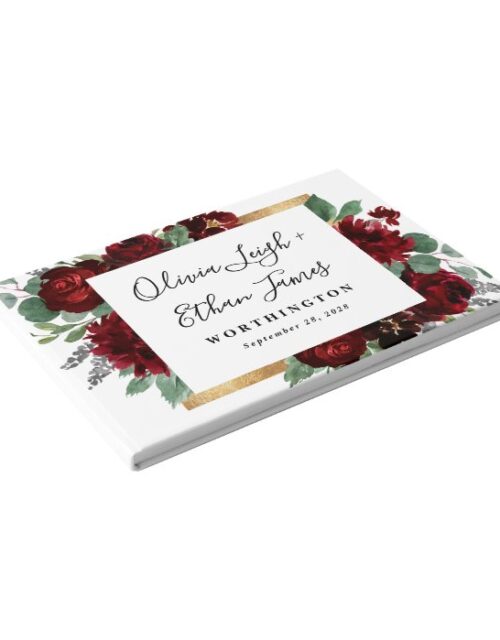 Red and Gold Floral Rustic Elegant White Wedding Guest Book