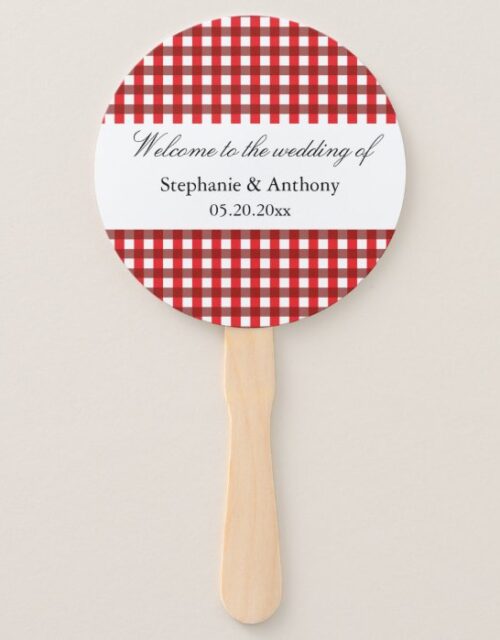 Red and White Gingham Pattern Barbeque hand fan