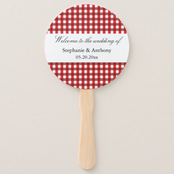 Red and White Gingham Pattern Barbeque hand fan