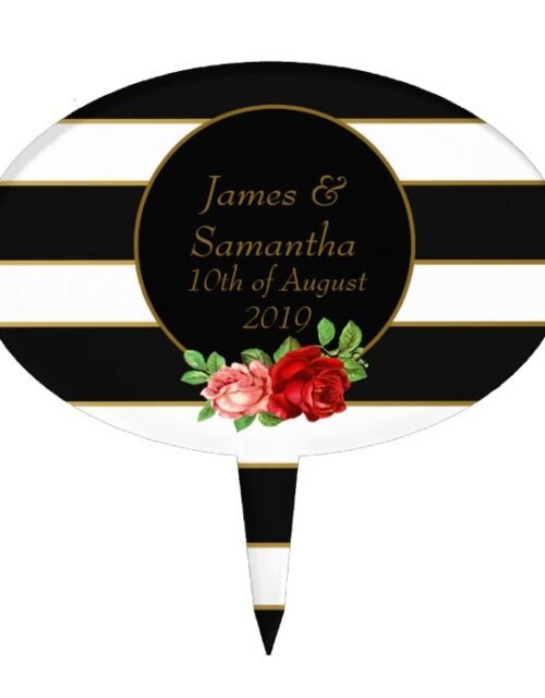 Red Rose, Black, White & Gold Stripe - Cake Topper