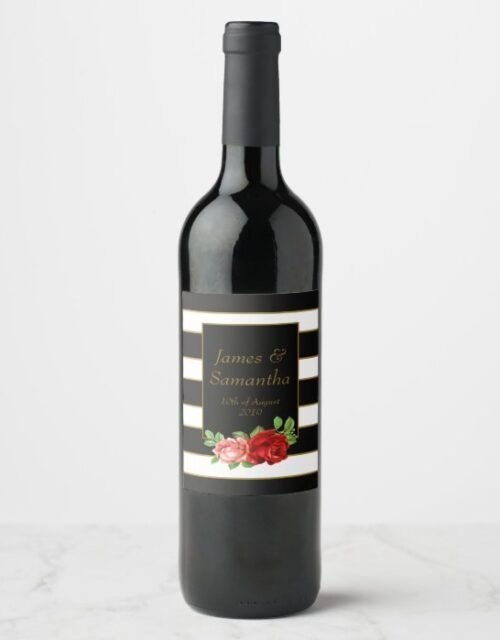 Red Rose, Black, White & Gold Stripe - Wine Label