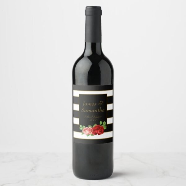 Red Rose, Black, White & Gold Stripe - Wine Label