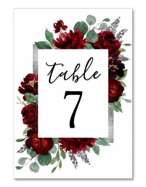 Red & Silver Country Burgundy Rose Winter Wedding Table Number