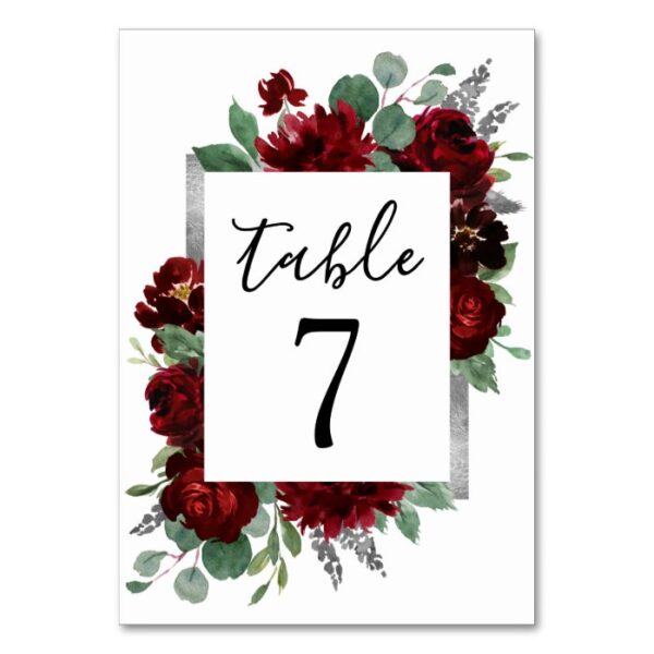 Red & Silver Country Burgundy Rose Winter Wedding Table Number