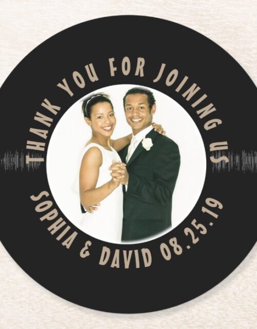 Retro Vinyl Record Wedding Favor Photo Thank You Round Paper Coaster