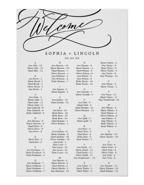 Romantic Calligraphy Alphabetical Seating Chart
