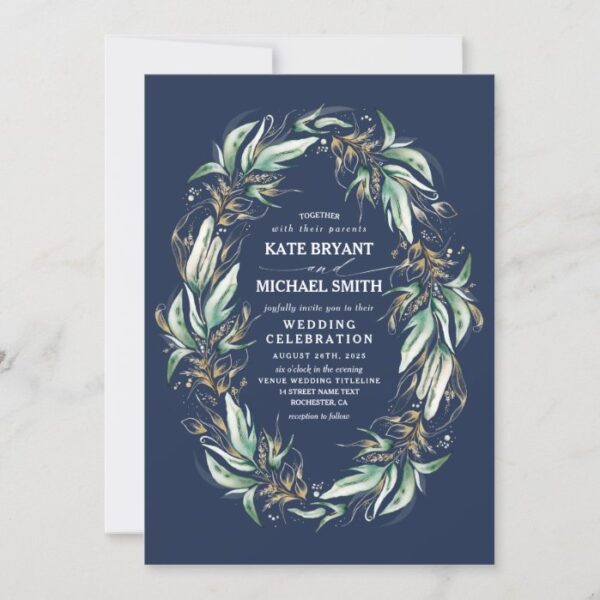 Romantic Greenery Wreath Navy Blue Fall Wedding Invitation