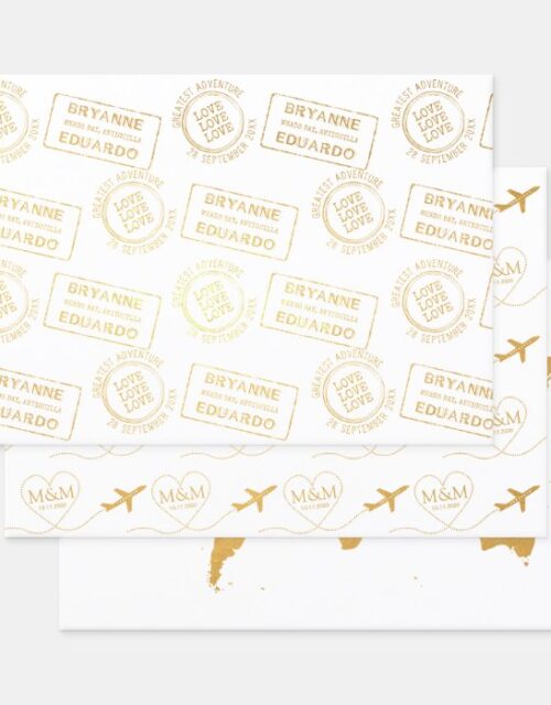Romantic Passport Stamp Airplane Travel Wedding Foil Wrapping Paper Sheets
