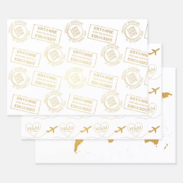 Romantic Passport Stamp Airplane Travel Wedding Foil Wrapping Paper Sheets