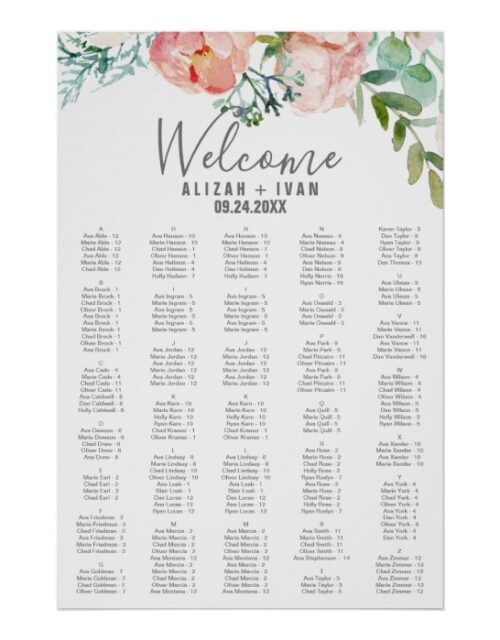 Romantic Peonies Large Alphabetical Seating Chart