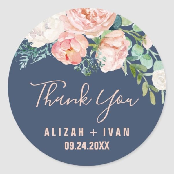 Romantic Peony Flowers | Blue Thank You Favor Classic Round Sticker