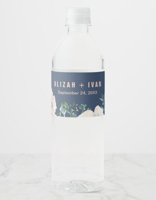 Romantic Peony Flowers | Blue Wedding Water Bottle Label