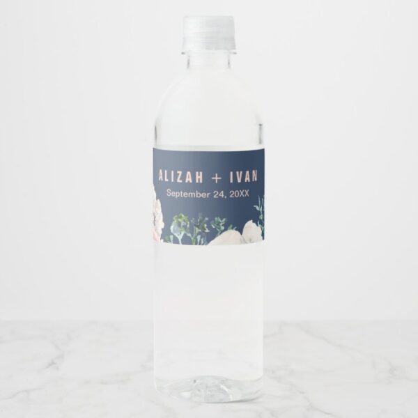 Romantic Peony Flowers | Blue Wedding Water Bottle Label