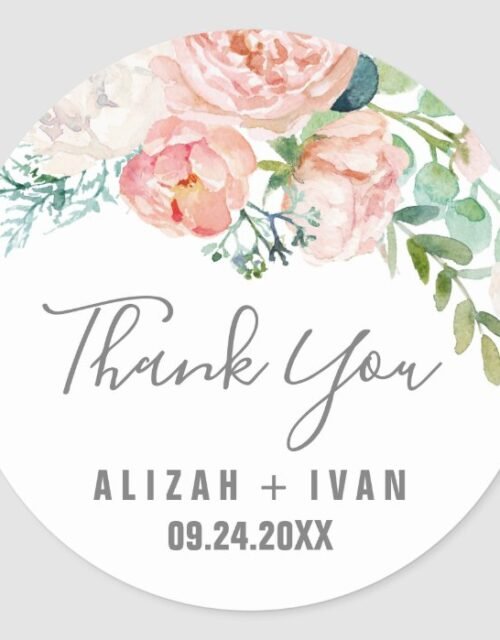 Romantic Peony Flowers Thank You Wedding Favor Classic Round Sticker