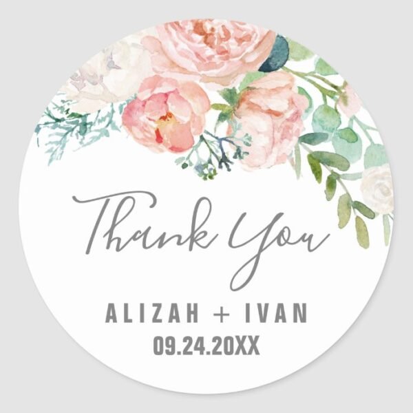 Romantic Peony Flowers Thank You Wedding Favor Classic Round Sticker