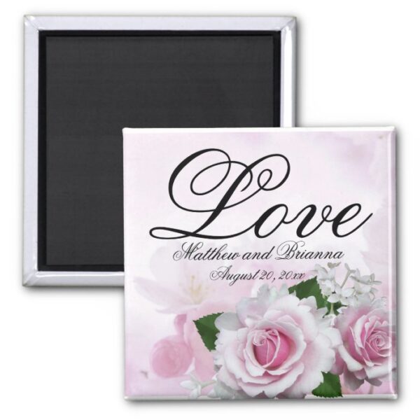 Romantic Pink Roses Personalized Keepsake Wedding Magnet