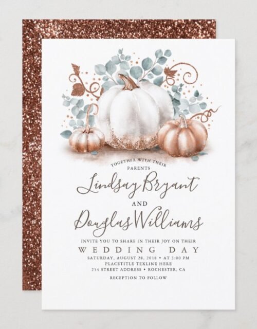 Rose Gold and White Pumpkins Rustic Fall Wedding Invitation