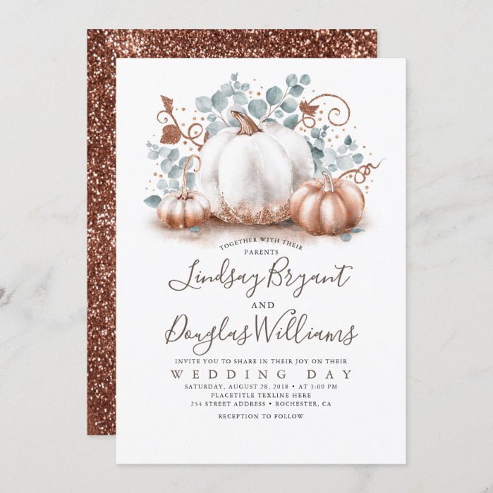 Rose Gold and White Pumpkins Rustic Fall Wedding Invitation