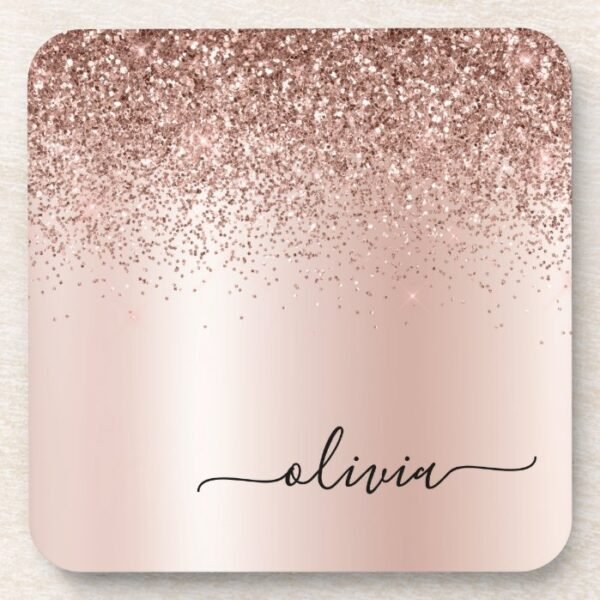 Rose Gold - Blush Pink Glitter Metal Monogram Name Beverage Coaster