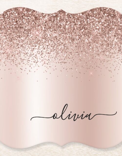 Rose Gold - Blush Pink Glitter Metal Monogram Name Paper Coaster