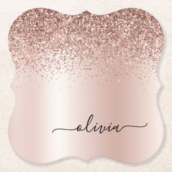 Rose Gold - Blush Pink Glitter Metal Monogram Name Paper Coaster