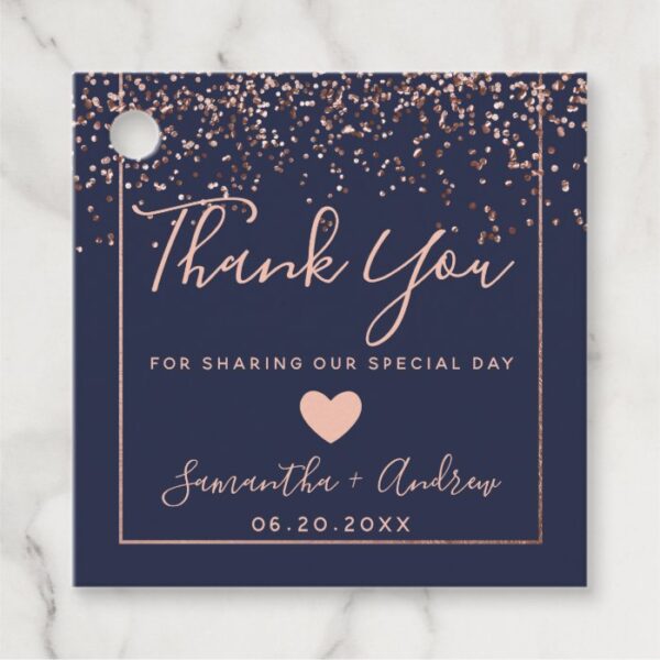 Rose gold confetti navy blue thank you wedding favor tags