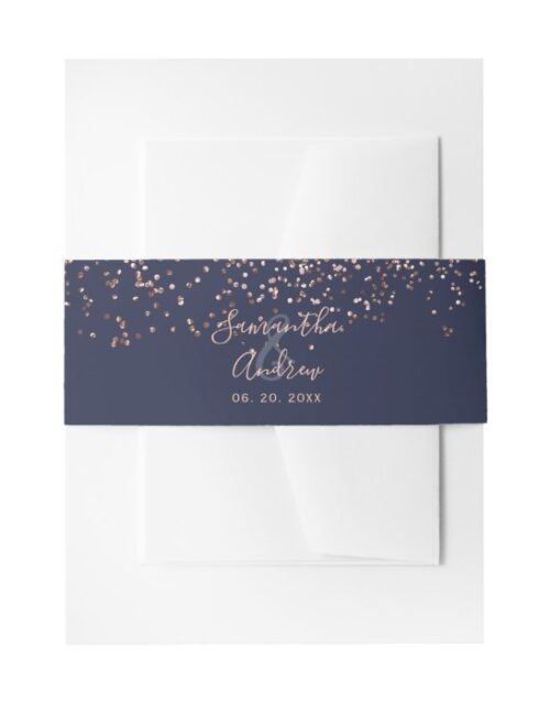 Rose gold confetti navy blue typography wedding invitation belly band