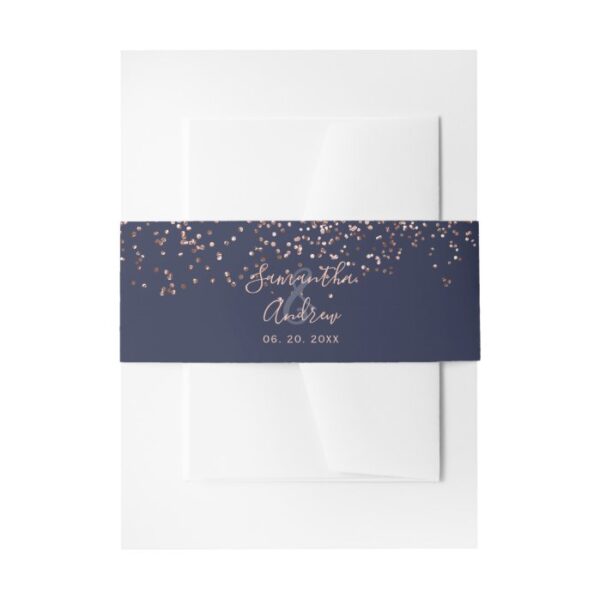 Rose gold confetti navy blue typography wedding invitation belly band
