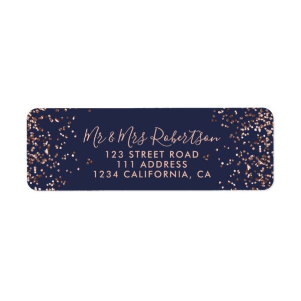 Rose gold confetti navy blue typography wedding label