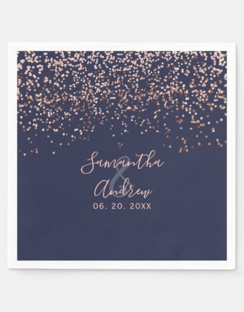 Rose gold confetti navy blue typography wedding napkins