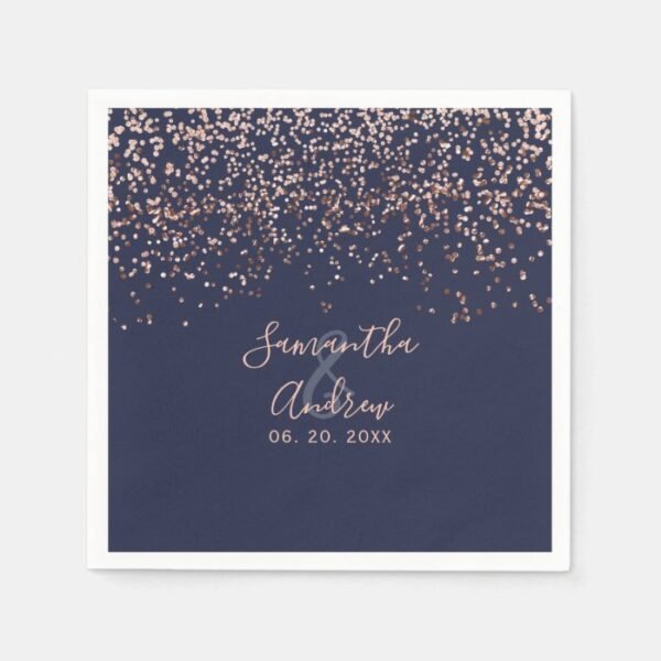 Rose gold confetti navy blue typography wedding napkins