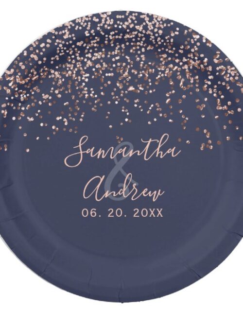 Rose gold confetti navy blue typography wedding paper plate