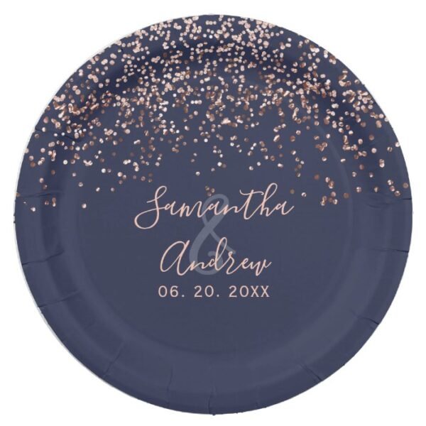 Rose gold confetti navy blue typography wedding paper plate